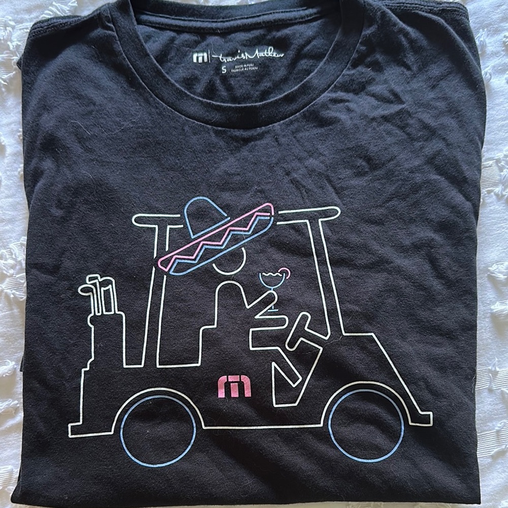 Travis Mathew Black Short Sleeve Tee with Playful Golf Cart Art